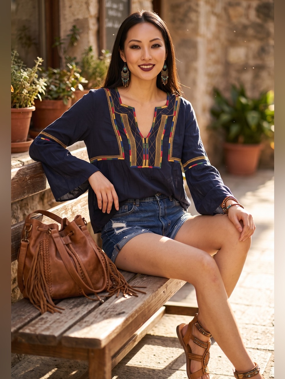 Sugarlips Navy Embroidered Peasant Blouse